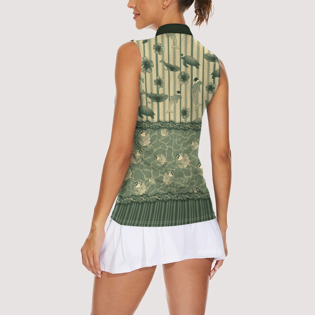 Hawaii Christmas In July Women Sleeveless Polo Shirt Olive Green Mele Kalikimaka Sea Animals DT05 - Polynesian Pride