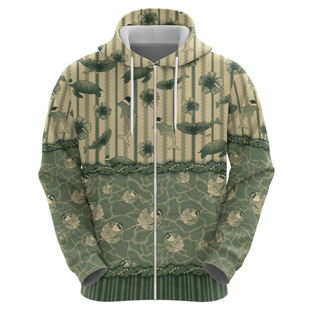 Hawaii Christmas In July Zip Hoodie Olive Green Mele Kalikimaka Sea Animals DT05 - Polynesian Pride