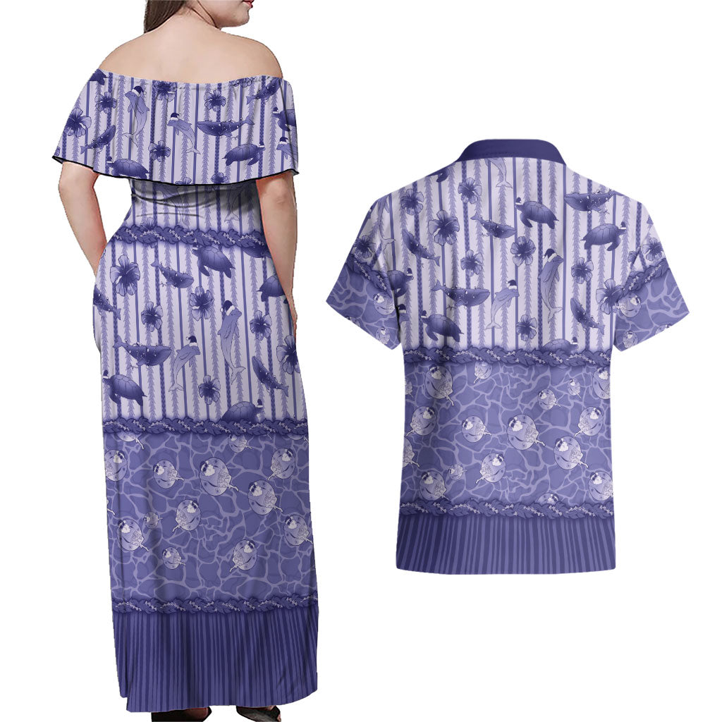 Hawaii Christmas In July Couples Matching Off Shoulder Maxi Dress and Hawaiian Shirt Amethyst Purple Mele Kalikimaka Sea Animals DT05 - Polynesian Pride