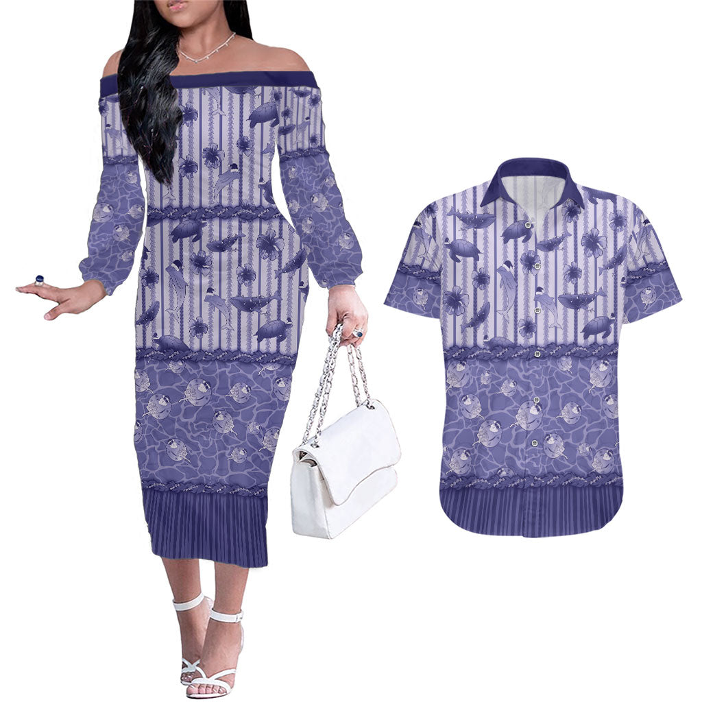 Hawaii Christmas In July Couples Matching Off The Shoulder Long Sleeve Dress and Hawaiian Shirt Amethyst Purple Mele Kalikimaka Sea Animals DT05 Purple - Polynesian Pride