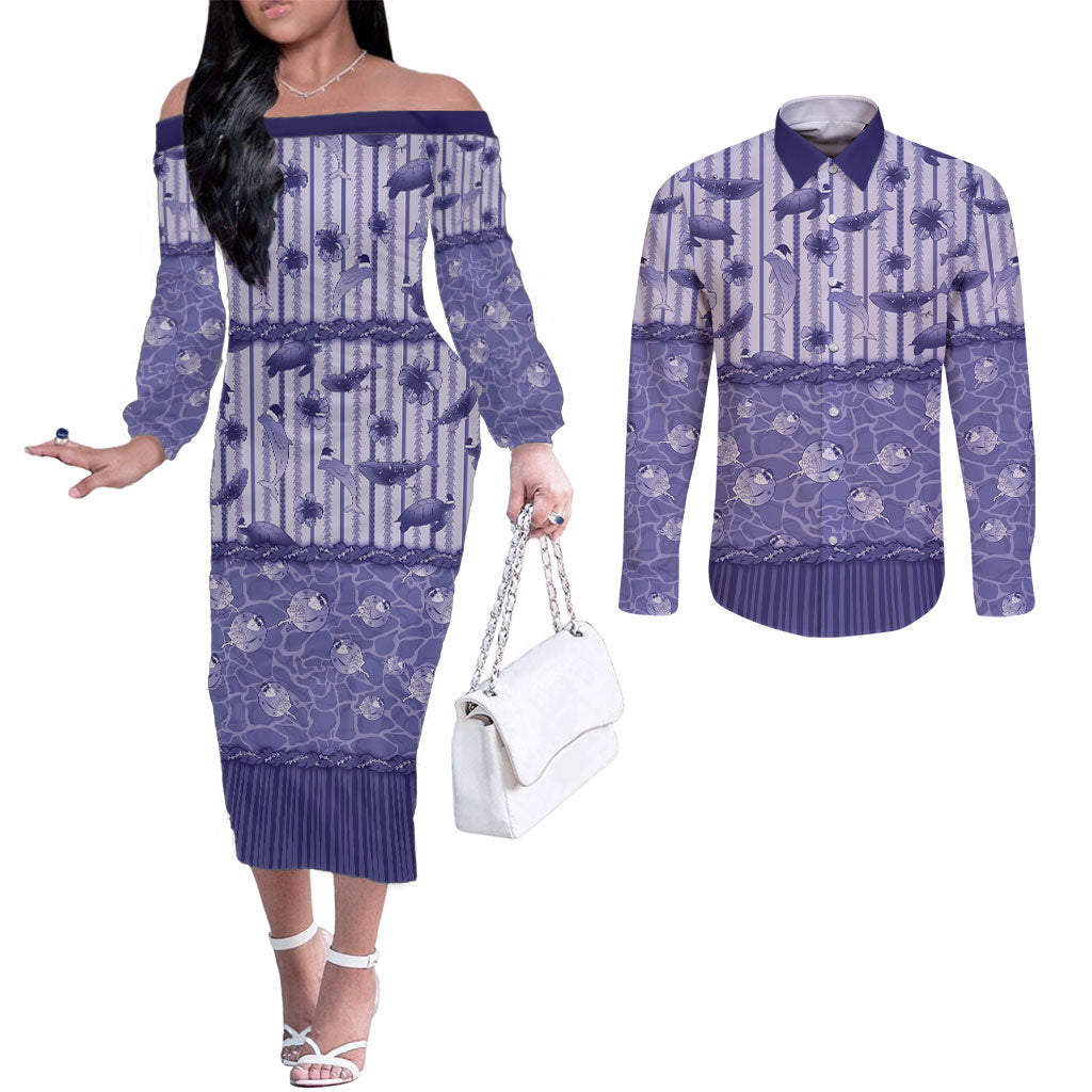 Hawaii Christmas In July Couples Matching Off The Shoulder Long Sleeve Dress and Long Sleeve Button Shirt Amethyst Purple Mele Kalikimaka Sea Animals DT05 Purple - Polynesian Pride