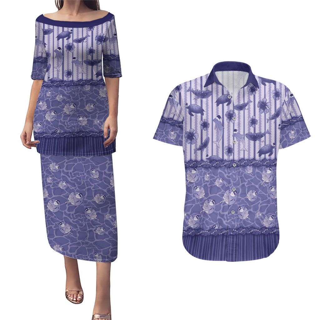 Hawaii Christmas In July Couples Matching Puletasi and Hawaiian Shirt Amethyst Purple Mele Kalikimaka Sea Animals DT05 Purple - Polynesian Pride