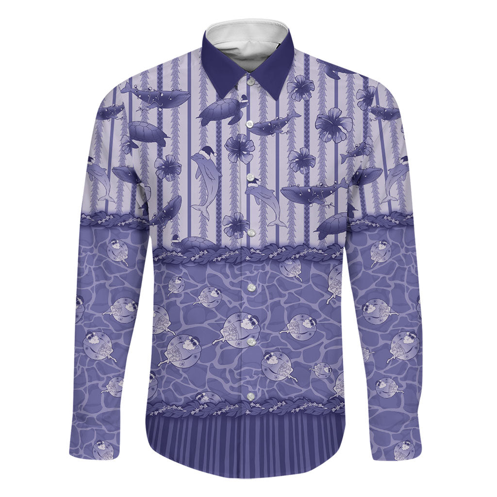 Hawaii Christmas In July Family Matching Off Shoulder Maxi Dress and Hawaiian Shirt Amethyst Purple Mele Kalikimaka Sea Animals DT05 Dad's Shirt - Long Sleeve Purple - Polynesian Pride