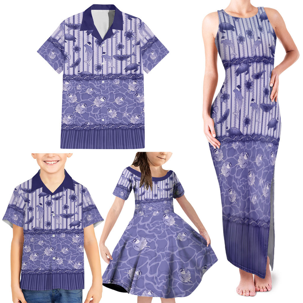 Hawaii Christmas In July Family Matching Tank Maxi Dress and Hawaiian Shirt Amethyst Purple Mele Kalikimaka Sea Animals