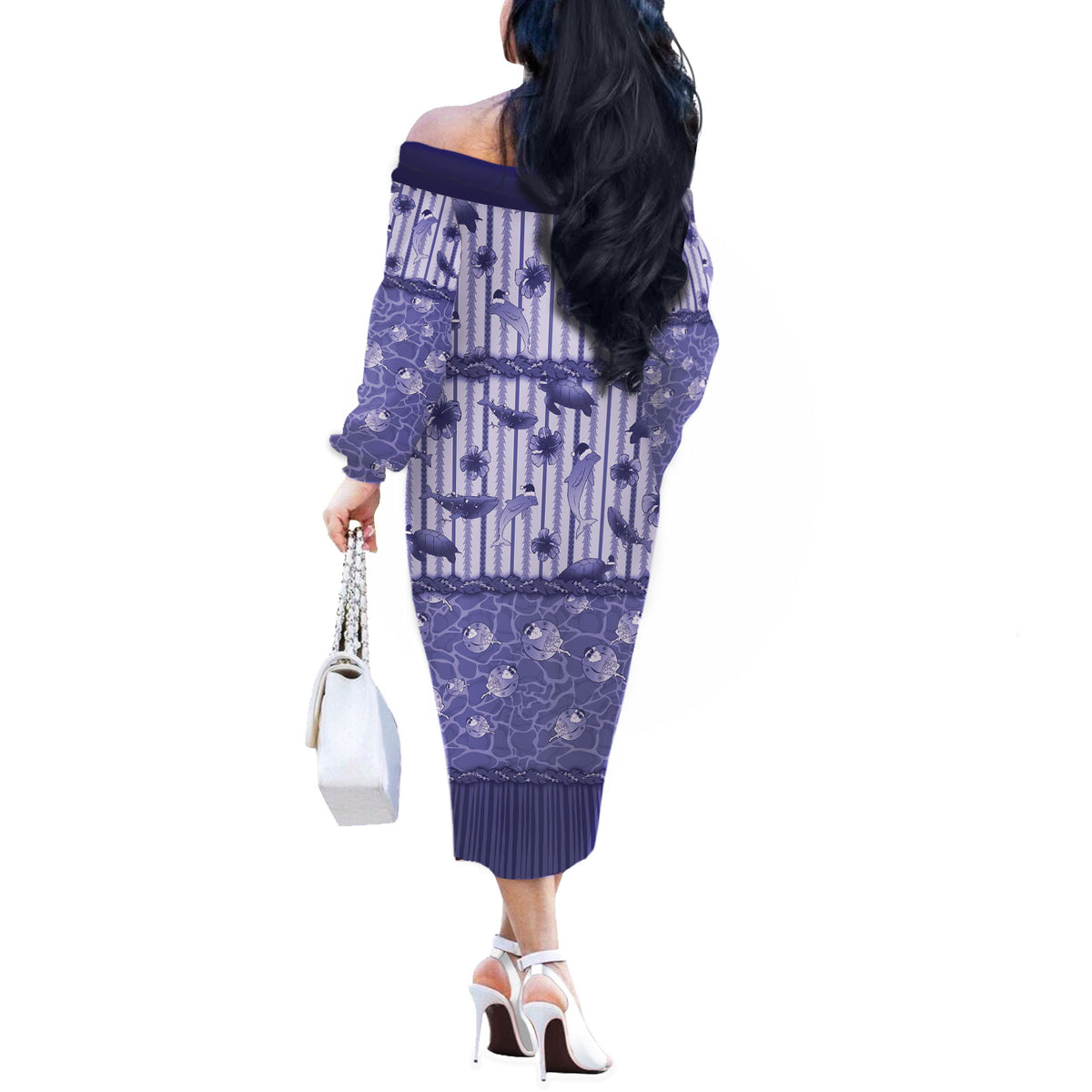 Hawaii Christmas In July Off The Shoulder Long Sleeve Dress Amethyst Purple Mele Kalikimaka Sea Animals DT05 - Polynesian Pride