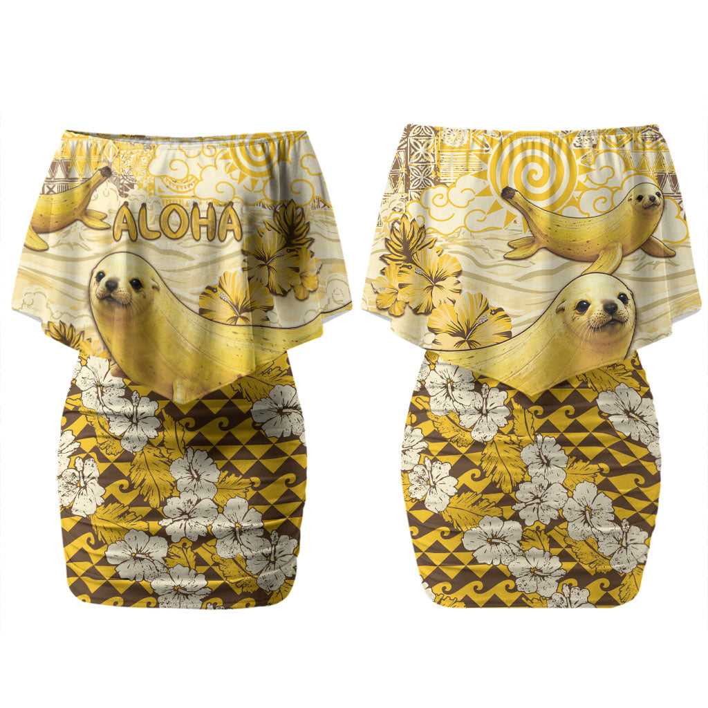 Hawaii Banana Seal Couples Matching Off Shoulder Short Dress and Long Sleeve Button Shirt Ilio Holo I Ka Uaua Aloha DT05 - Polynesian Pride