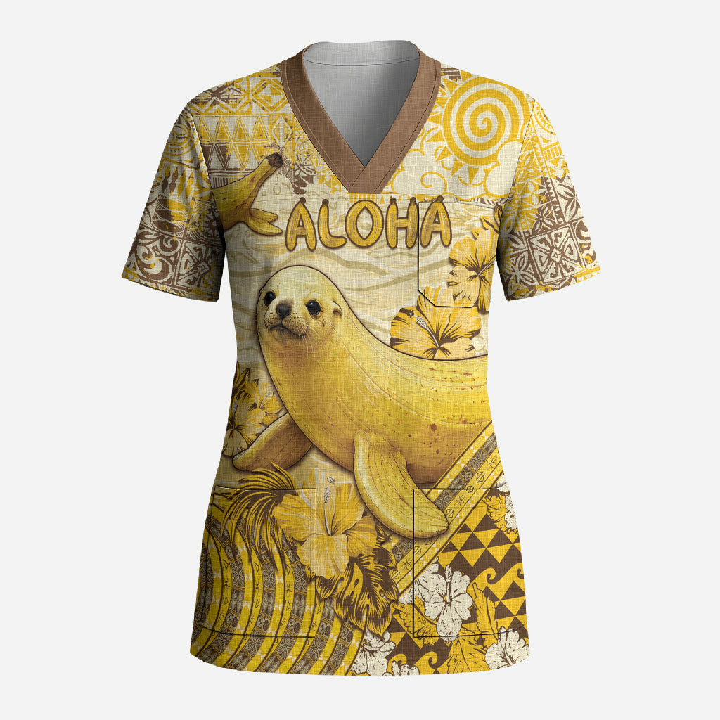 Hawaii Banana Seal Scrub Top Ilio Holo I Ka Uaua Aloha DT05 Adult Yellow - Polynesian Pride