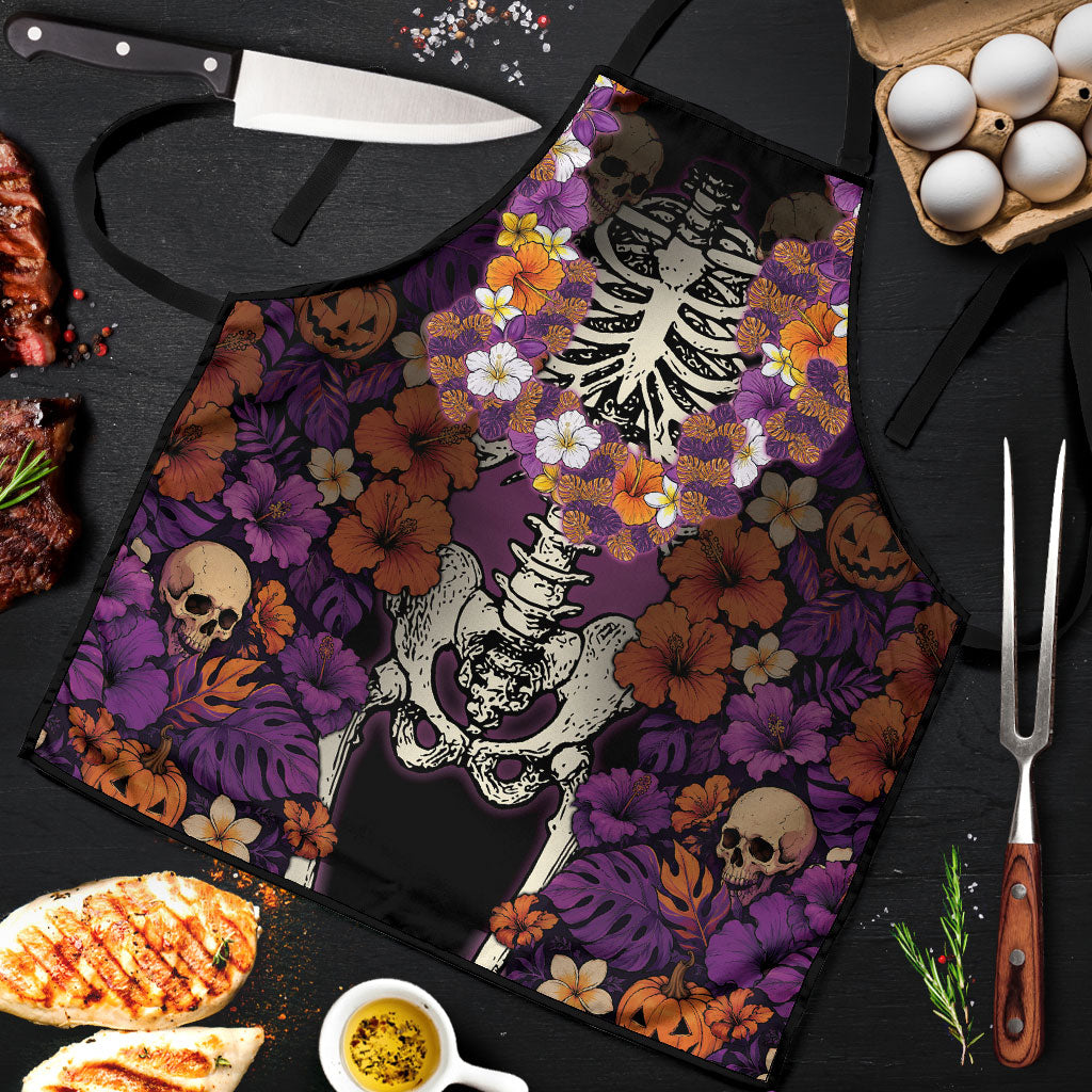 Hawaii Halloween Apron Skeleton Bones Flower Lei Tropical Floral DT05 Black - Polynesian Pride