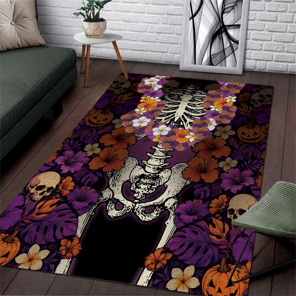 Hawaii Halloween Area Rug Skeleton Bones Flower Lei Tropical Floral DT05 Black - Polynesian Pride