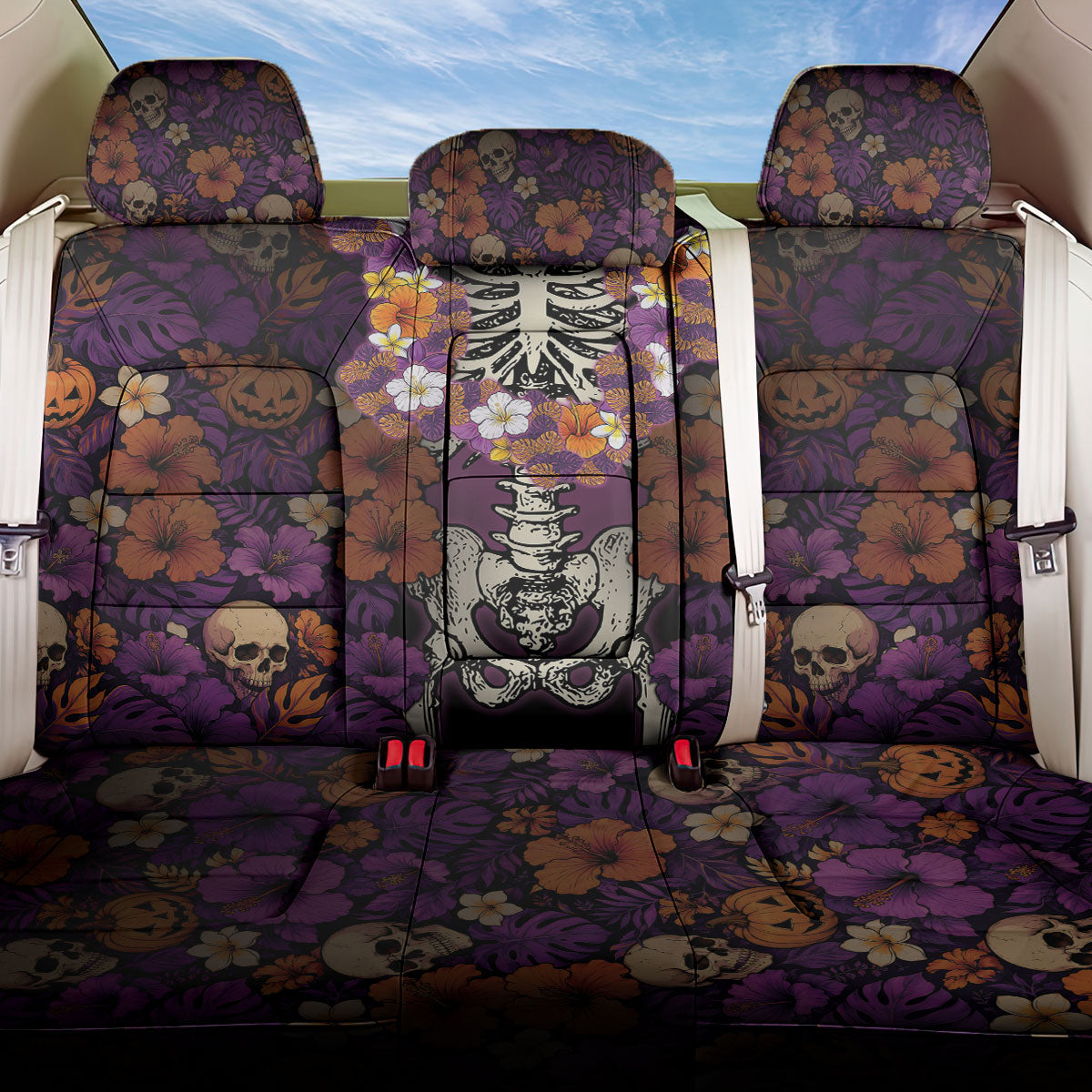 Hawaii Halloween Back Car Seat Cover Skeleton Bones Flower Lei Tropical Floral DT05 One Size Black - Polynesian Pride