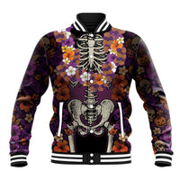 Hawaii Halloween Baseball Jacket Skeleton Bones Flower Lei Tropical Floral DT05 Unisex Black - Polynesian Pride