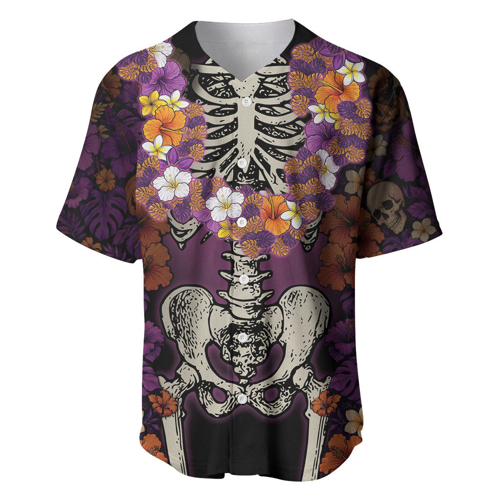 Hawaii Halloween Baseball Jersey Skeleton Bones Flower Lei Tropical Floral DT05 Black - Polynesian Pride