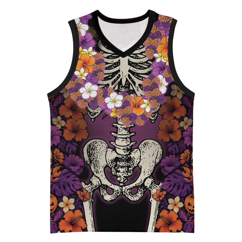 Hawaii Halloween Basketball Jersey Skeleton Bones Flower Lei Tropical Floral DT05 Unisex Black - Polynesian Pride