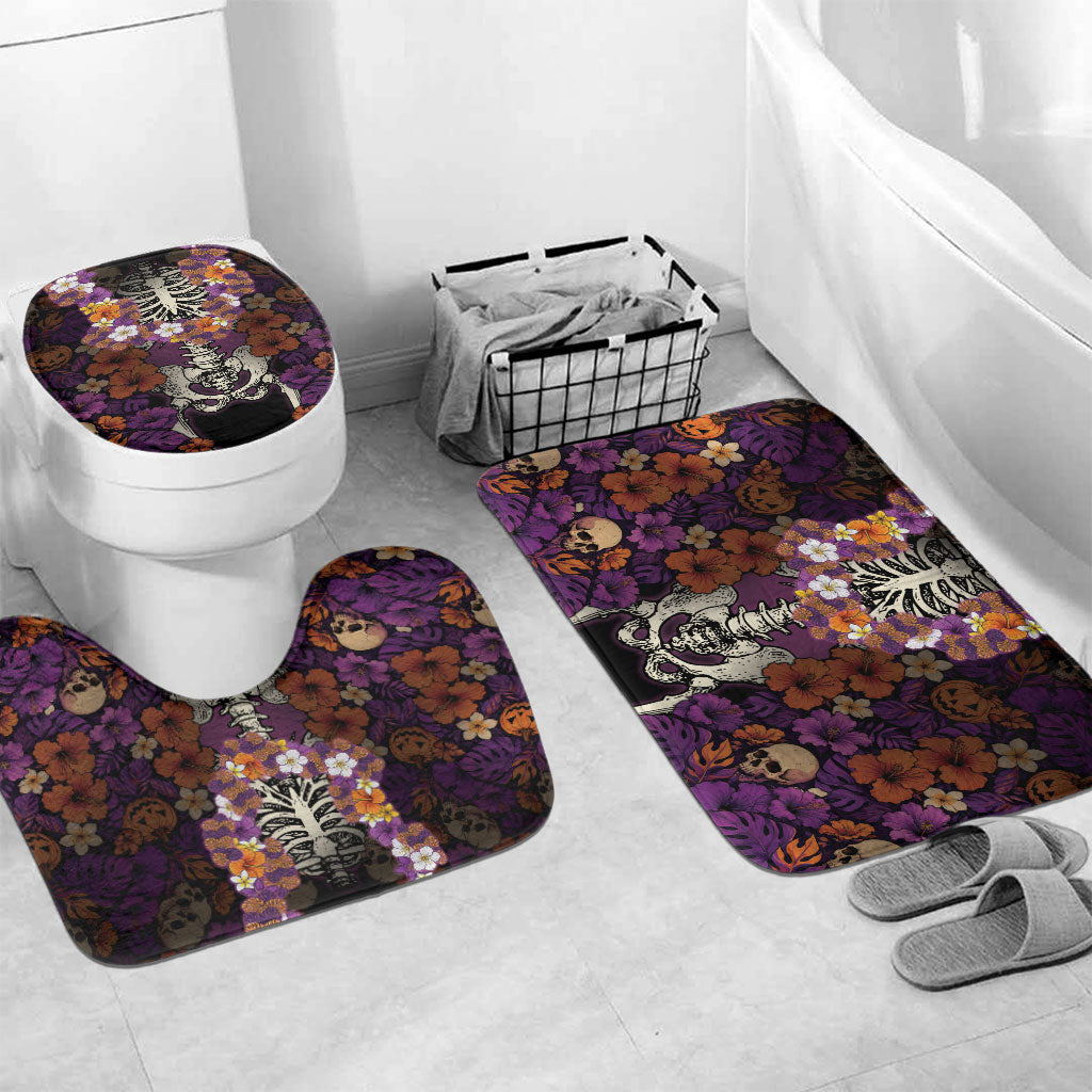 Hawaii Halloween Bathroom Set Skeleton Bones Flower Lei Tropical Floral DT05 Mat Set Only (3 pcs) One Size Black - Polynesian Pride