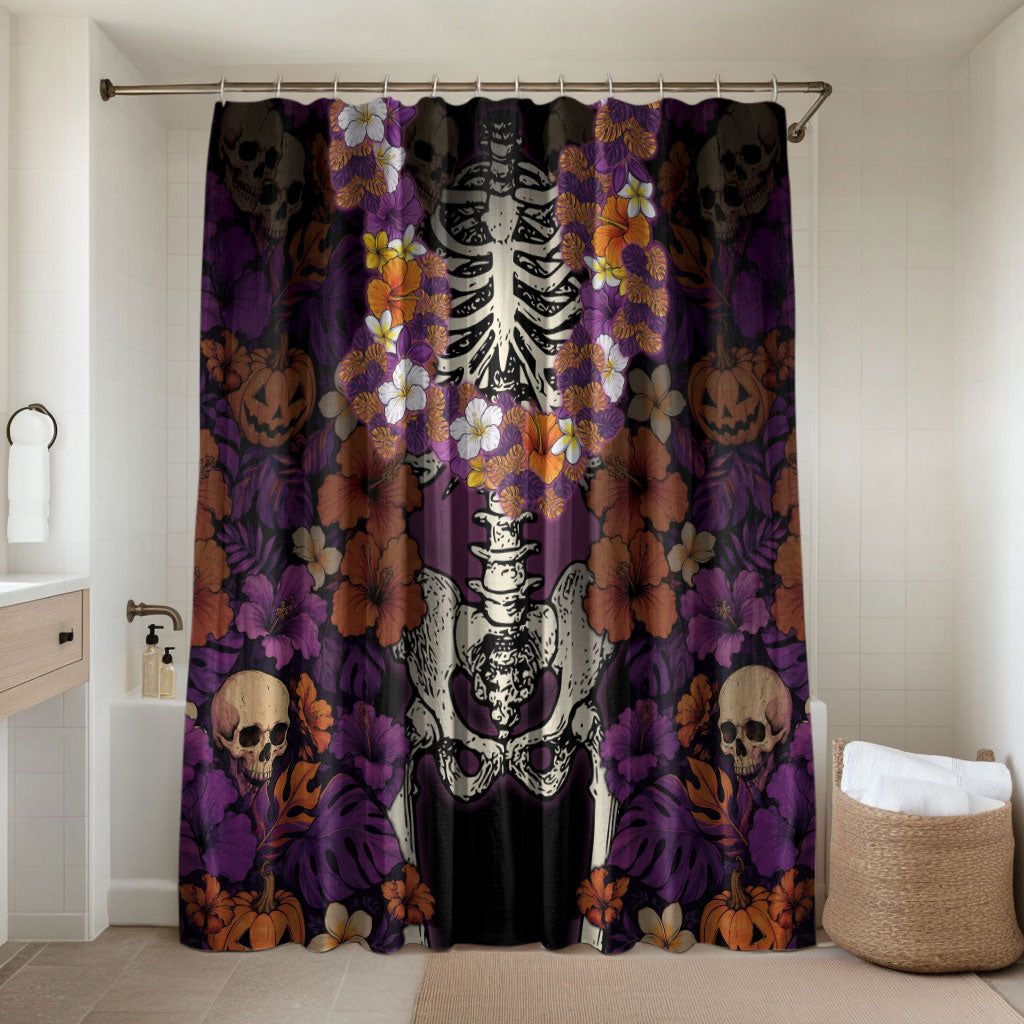 Hawaii Halloween Bathroom Set Skeleton Bones Flower Lei Tropical Floral DT05 Shower Curtain Only Black - Polynesian Pride