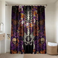 Hawaii Halloween Bathroom Set Skeleton Bones Flower Lei Tropical Floral DT05 Shower Curtain Only Black - Polynesian Pride