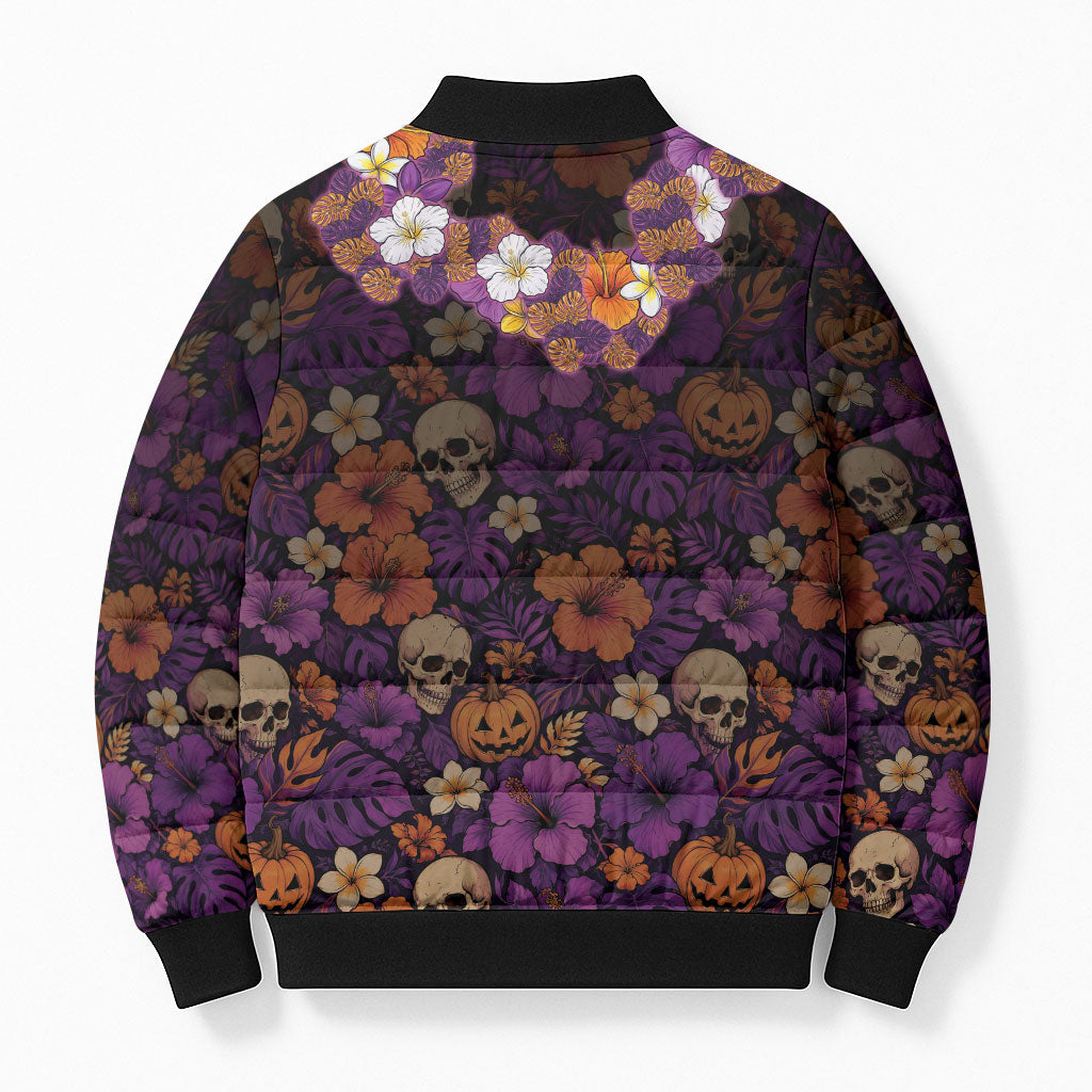 Hawaii Halloween Bomber Puffer Jacket Skeleton Bones Flower Lei Tropical Floral DT05 - Polynesian Pride