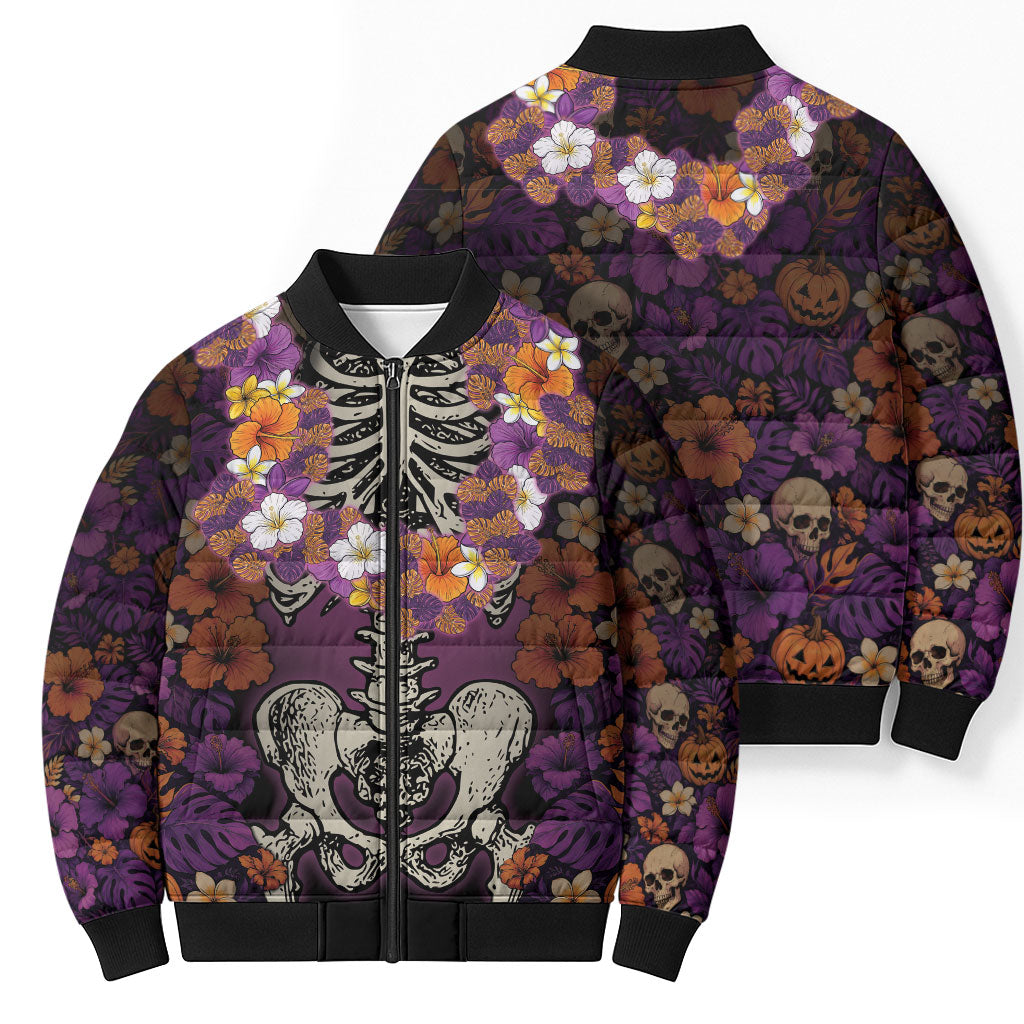 Hawaii Halloween Bomber Puffer Jacket Skeleton Bones Flower Lei Tropical Floral DT05 - Polynesian Pride