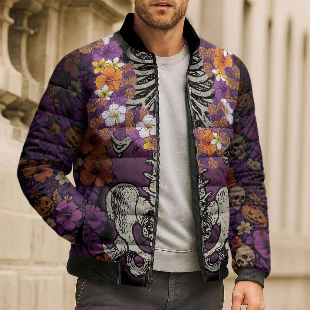 Hawaii Halloween Bomber Puffer Jacket Skeleton Bones Flower Lei Tropical Floral DT05 - Polynesian Pride