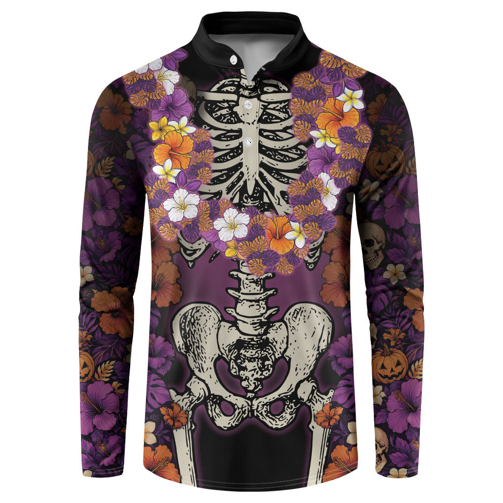 Hawaii Halloween Button Sweatshirt Skeleton Bones Flower Lei Tropical Floral DT05 Black - Polynesian Pride