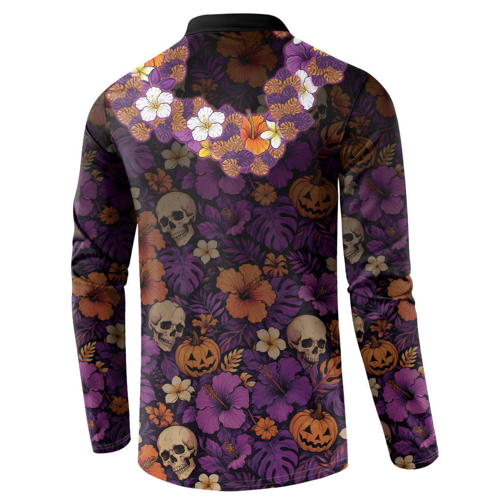 Hawaii Halloween Button Sweatshirt Skeleton Bones Flower Lei Tropical Floral DT05 - Polynesian Pride