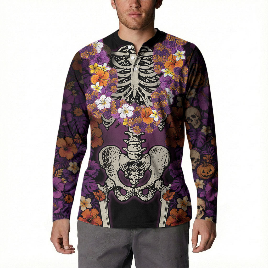 Hawaii Halloween Button Sweatshirt Skeleton Bones Flower Lei Tropical Floral DT05 - Polynesian Pride