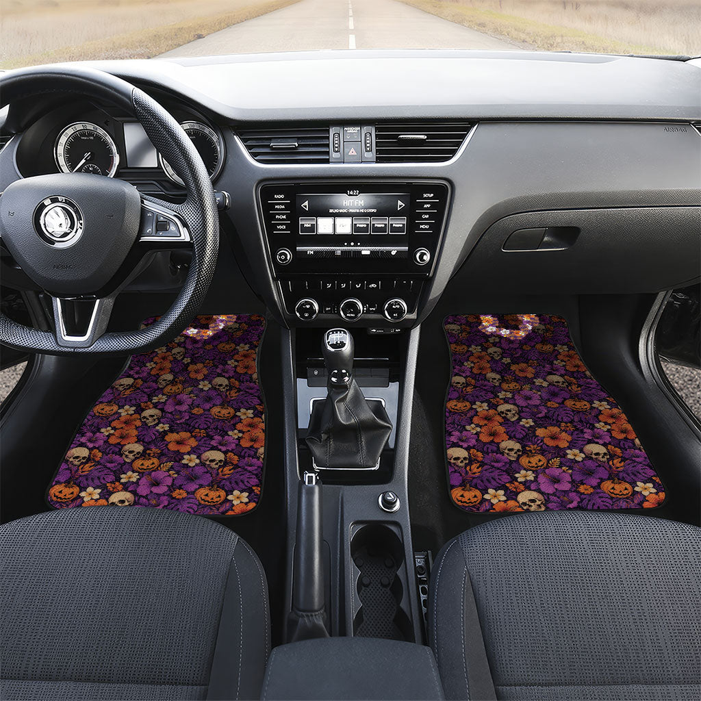 Hawaii Halloween Car Mats Skeleton Bones Flower Lei Tropical Floral DT05 Set 2pcs - Front Black - Polynesian Pride