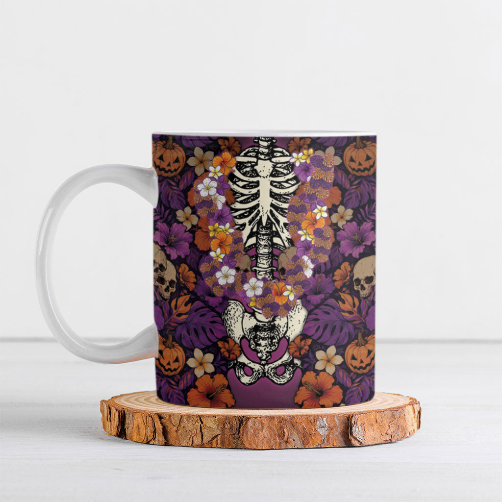 Hawaii Halloween Ceramic Mug Skeleton Bones Flower Lei Tropical Floral DT05 Black - Polynesian Pride