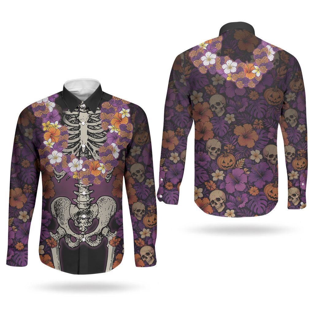 Hawaii Halloween Couples Matching Off Shoulder Maxi Dress and Long Sleeve Button Shirt Skeleton Bones Flower Lei Tropical Floral DT05 - Polynesian Pride