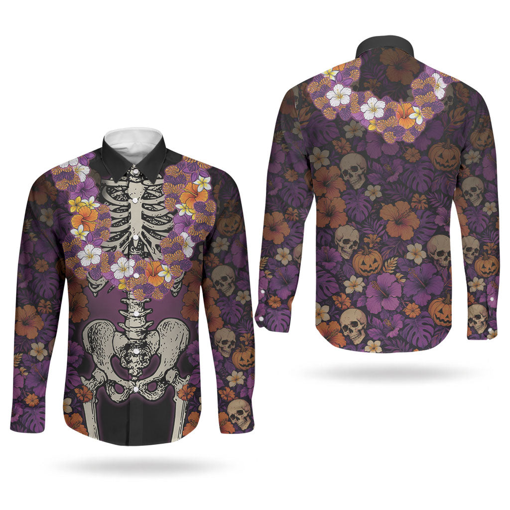 Hawaii Halloween Couples Matching Puletasi and Long Sleeve Button Shirt Skeleton Bones Flower Lei Tropical Floral DT05 - Polynesian Pride