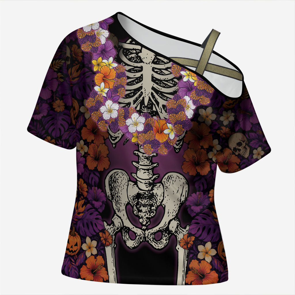 Hawaii Halloween Cross Shoulder Shirt Skeleton Bones Flower Lei Tropical Floral DT05 Female Black - Polynesian Pride