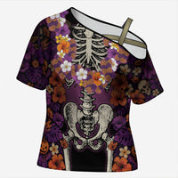 Hawaii Halloween Cross Shoulder Shirt Skeleton Bones Flower Lei Tropical Floral DT05 Female Black - Polynesian Pride