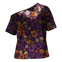 Hawaii Halloween Cross Shoulder Shirt Skeleton Bones Flower Lei Tropical Floral DT05 - Polynesian Pride