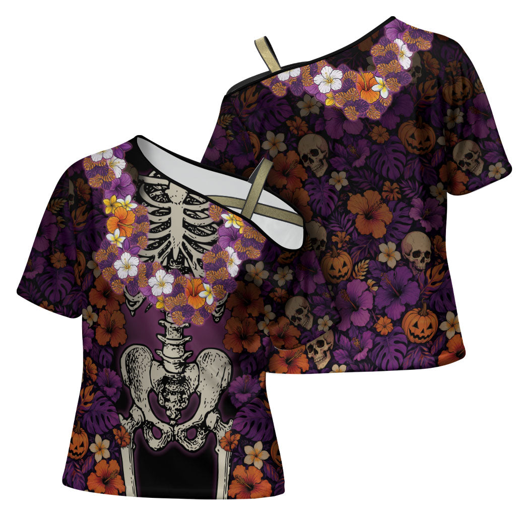 Hawaii Halloween Cross Shoulder Shirt Skeleton Bones Flower Lei Tropical Floral DT05 - Polynesian Pride