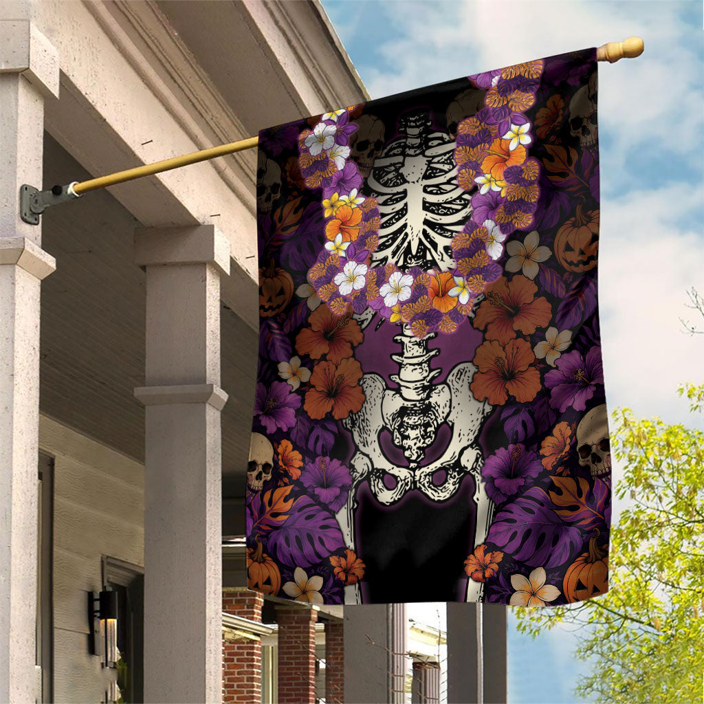 Hawaii Halloween Garden Flag Skeleton Bones Flower Lei Tropical Floral DT05 House Flag Black - Polynesian Pride