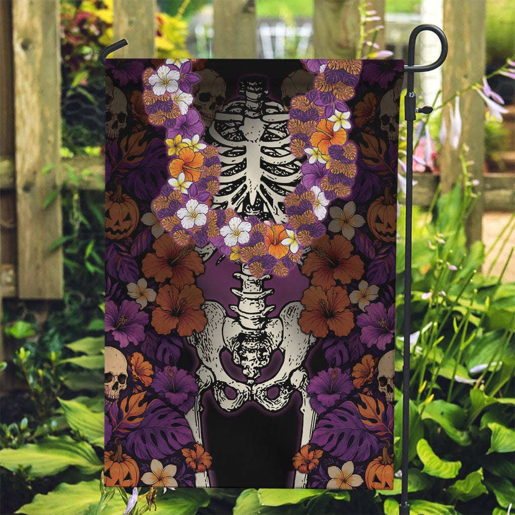 Hawaii Halloween Garden Flag Skeleton Bones Flower Lei Tropical Floral DT05 Garden Flag Black - Polynesian Pride