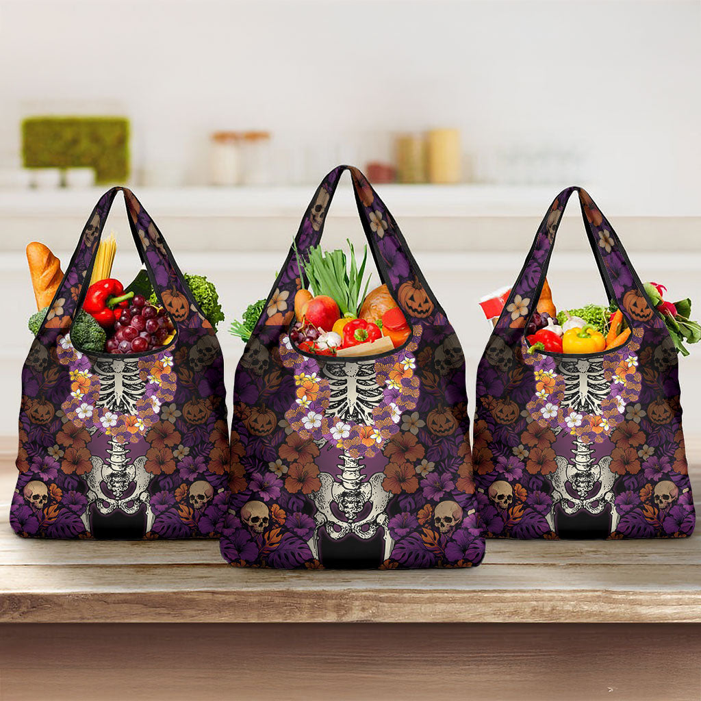 Hawaii Halloween Grocery Bag Skeleton Bones Flower Lei Tropical Floral DT05 3-pack One Size Black - Polynesian Pride