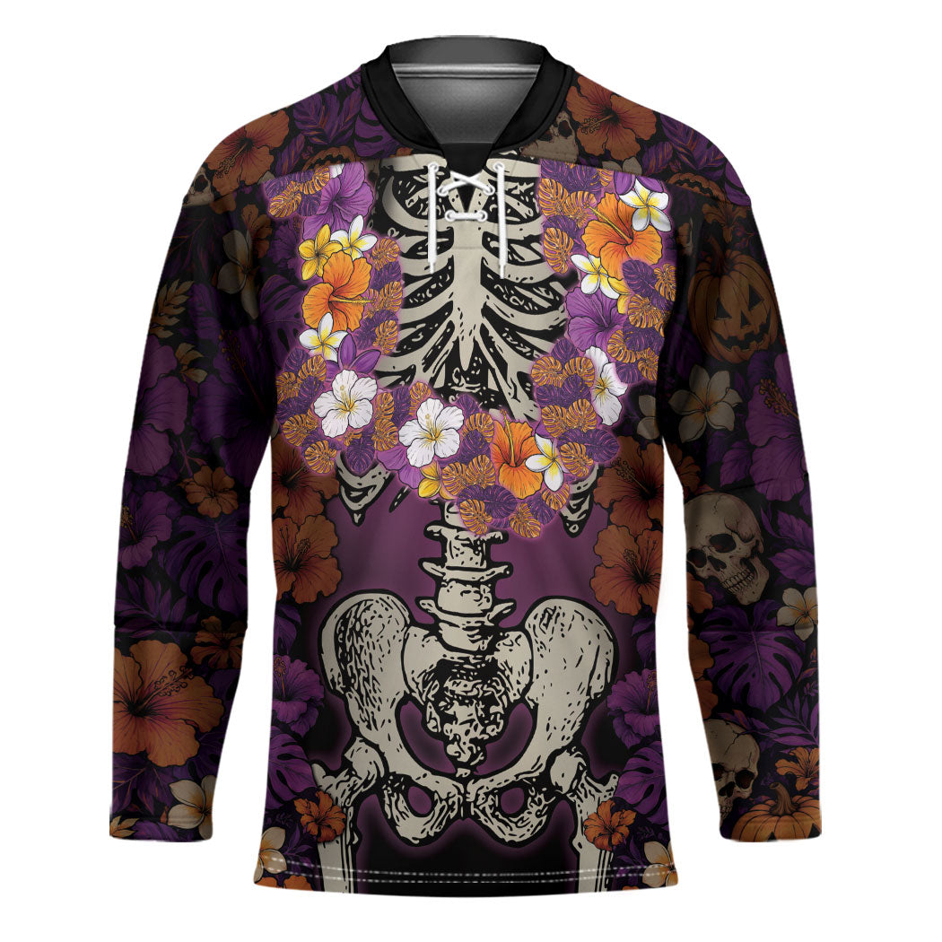 Hawaii Halloween Hockey Jersey Skeleton Bones Flower Lei Tropical Floral DT05 Unisex Black - Polynesian Pride