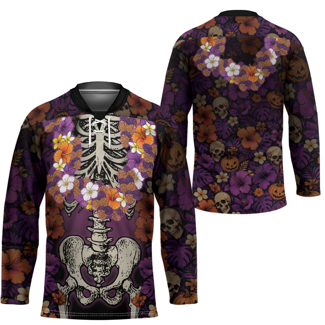 Hawaii Halloween Hockey Jersey Skeleton Bones Flower Lei Tropical Floral DT05 - Polynesian Pride