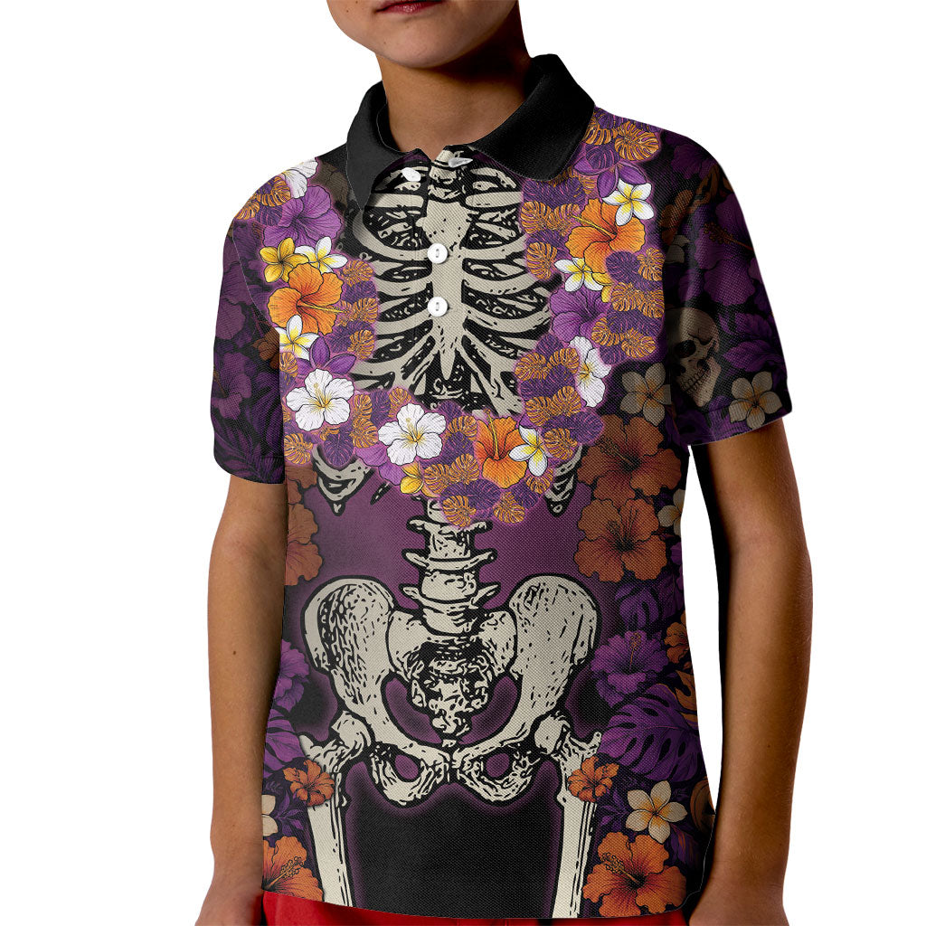 Hawaii Halloween Kid Polo Shirt Skeleton Bones Flower Lei Tropical Floral DT05 Kid Black - Polynesian Pride
