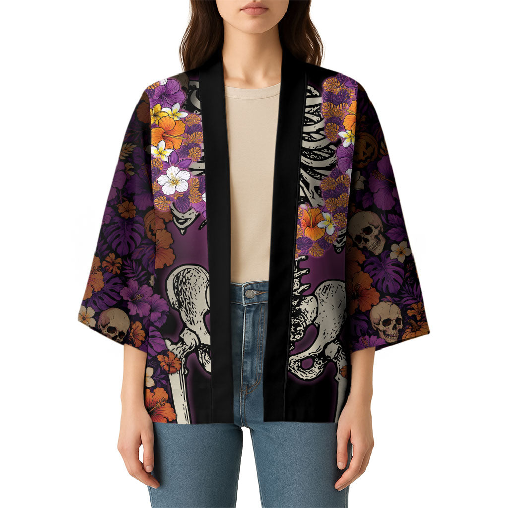 Hawaii Halloween Kimono Skeleton Bones Flower Lei Tropical Floral DT05 - Polynesian Pride