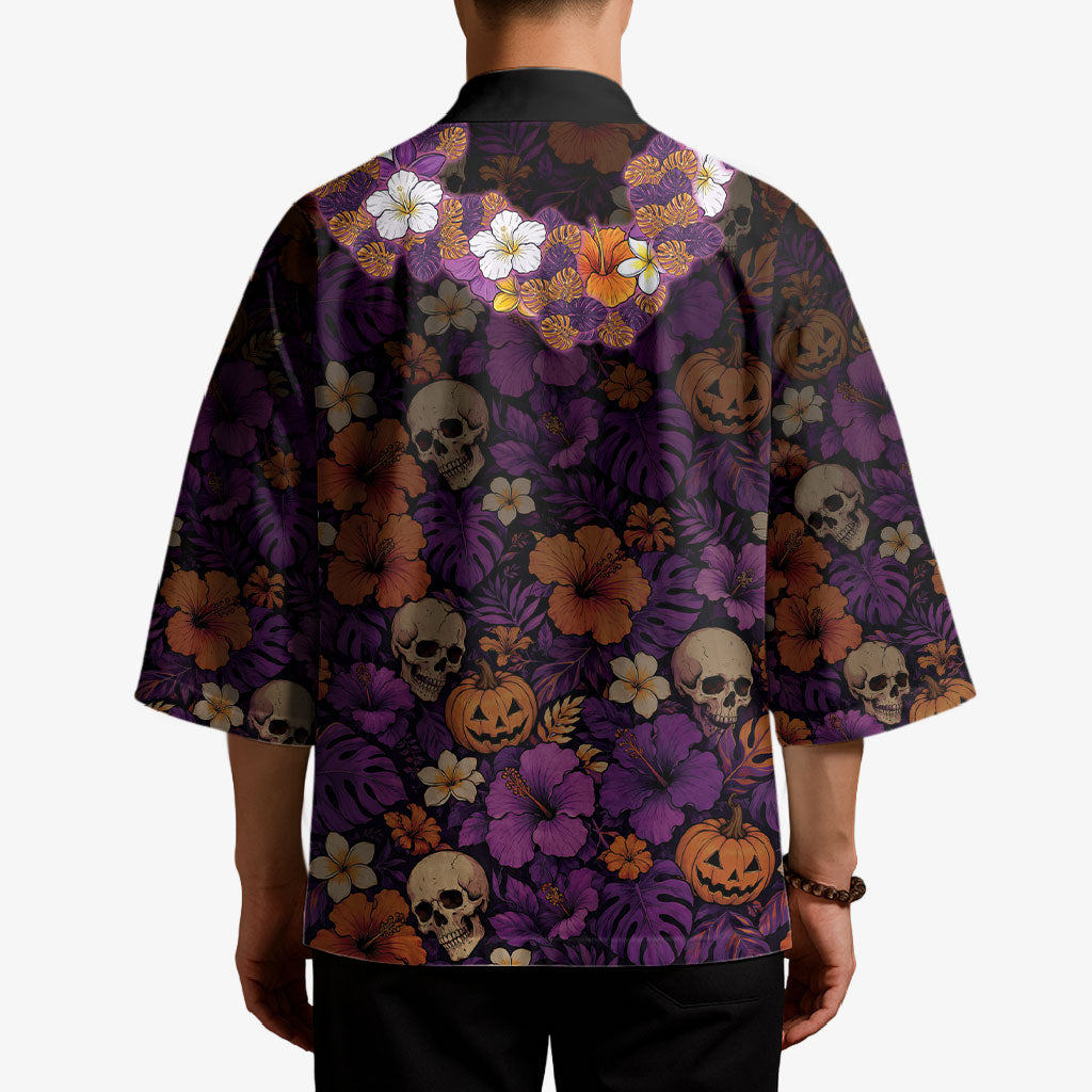 Hawaii Halloween Kimono Skeleton Bones Flower Lei Tropical Floral DT05 - Polynesian Pride