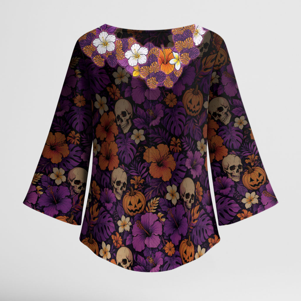 Hawaii Halloween Kimono Sleeve Blouse Skeleton Bones Flower Lei Tropical Floral DT05 - Polynesian Pride