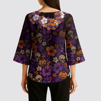 Hawaii Halloween Kimono Sleeve Blouse Skeleton Bones Flower Lei Tropical Floral DT05 - Polynesian Pride