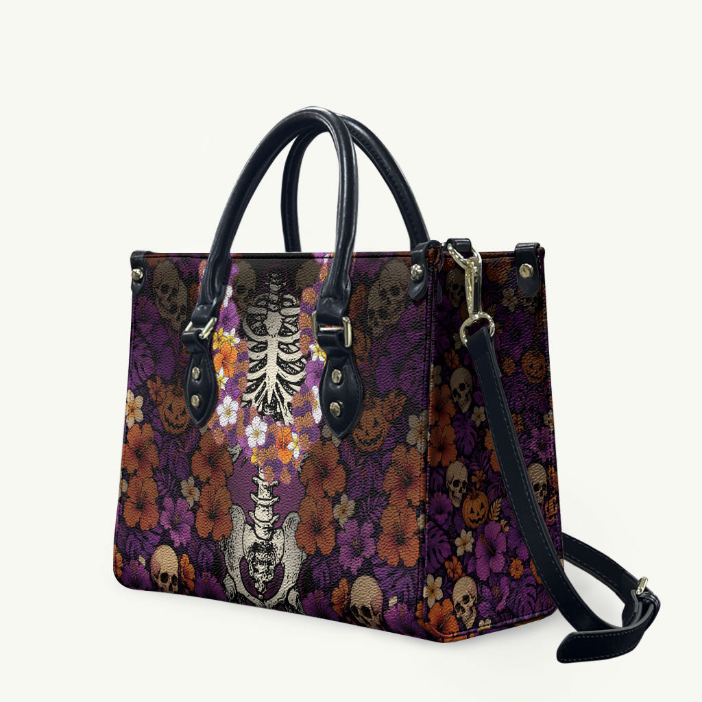 Hawaii Halloween Leather Bag Skeleton Bones Flower Lei Tropical Floral DT05 Black - Polynesian Pride