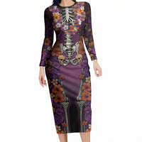 Hawaii Halloween Long Sleeve Bodycon Dress Skeleton Bones Flower Lei Tropical Floral DT05 Long Dress Black - Polynesian Pride