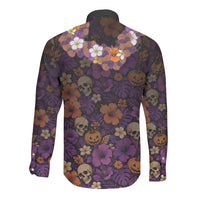 Hawaii Halloween Long Sleeve Button Shirt Skeleton Bones Flower Lei Tropical Floral DT05 - Polynesian Pride