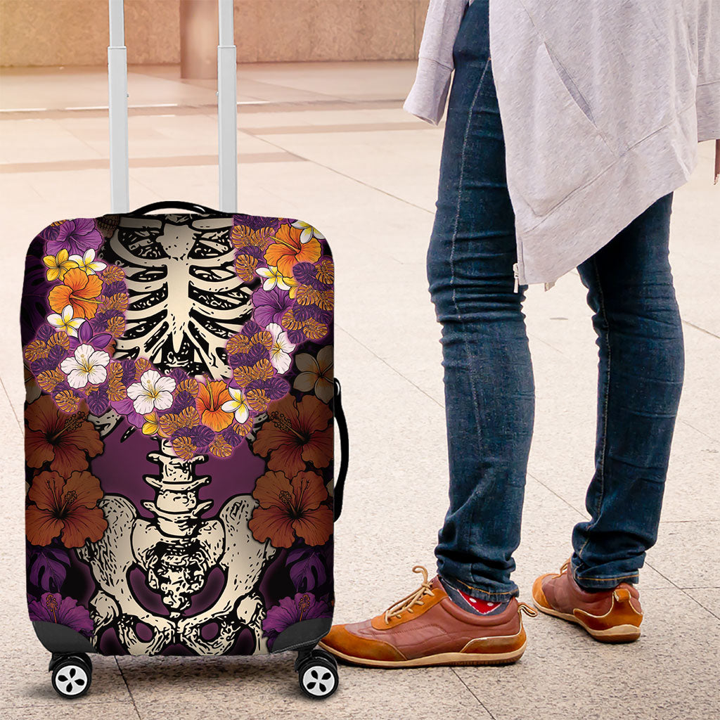 Hawaii Halloween Luggage Cover Skeleton Bones Flower Lei Tropical Floral DT05 Black - Polynesian Pride