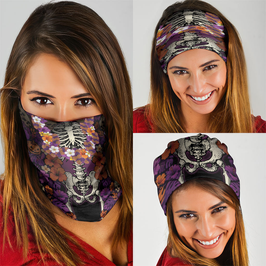 Hawaii Halloween Neck Gaiter Skeleton Bones Flower Lei Tropical Floral DT05 - Polynesian Pride