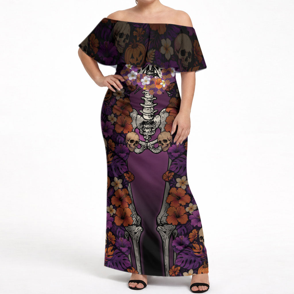 Hawaii Halloween Off Shoulder Maxi Dress Skeleton Bones Flower Lei Tropical Floral DT05 Women Black - Polynesian Pride
